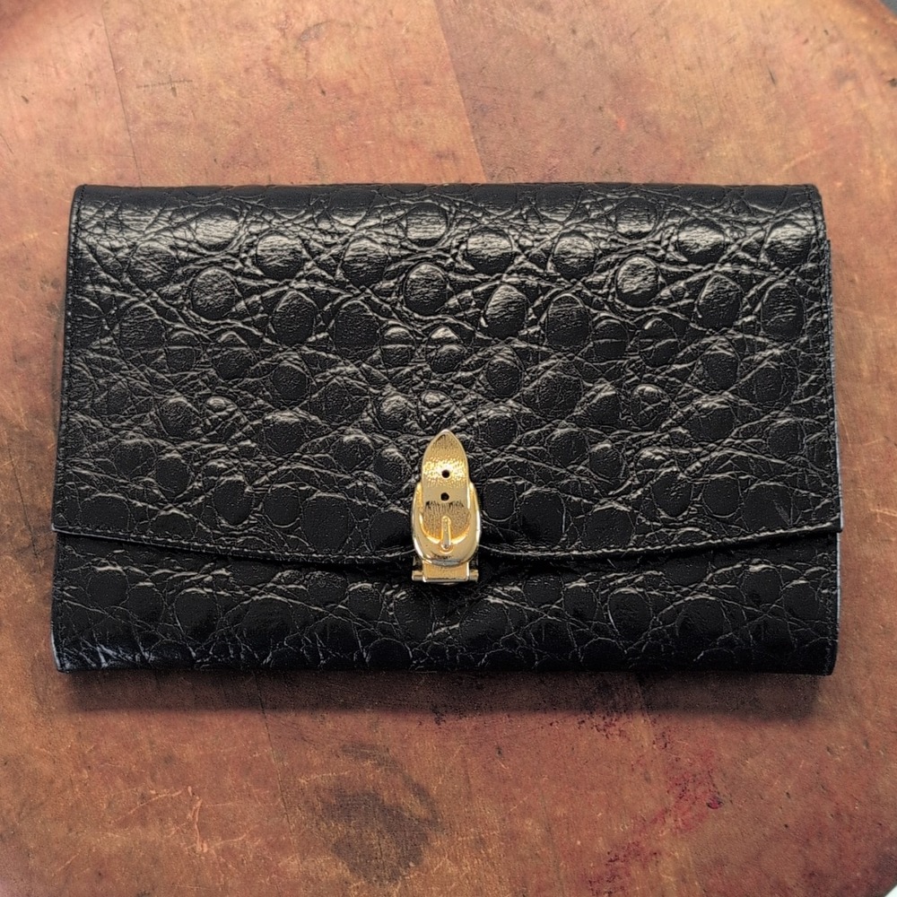Vintage Black Alligator Print Checkbook Wallet Clutch Organizer